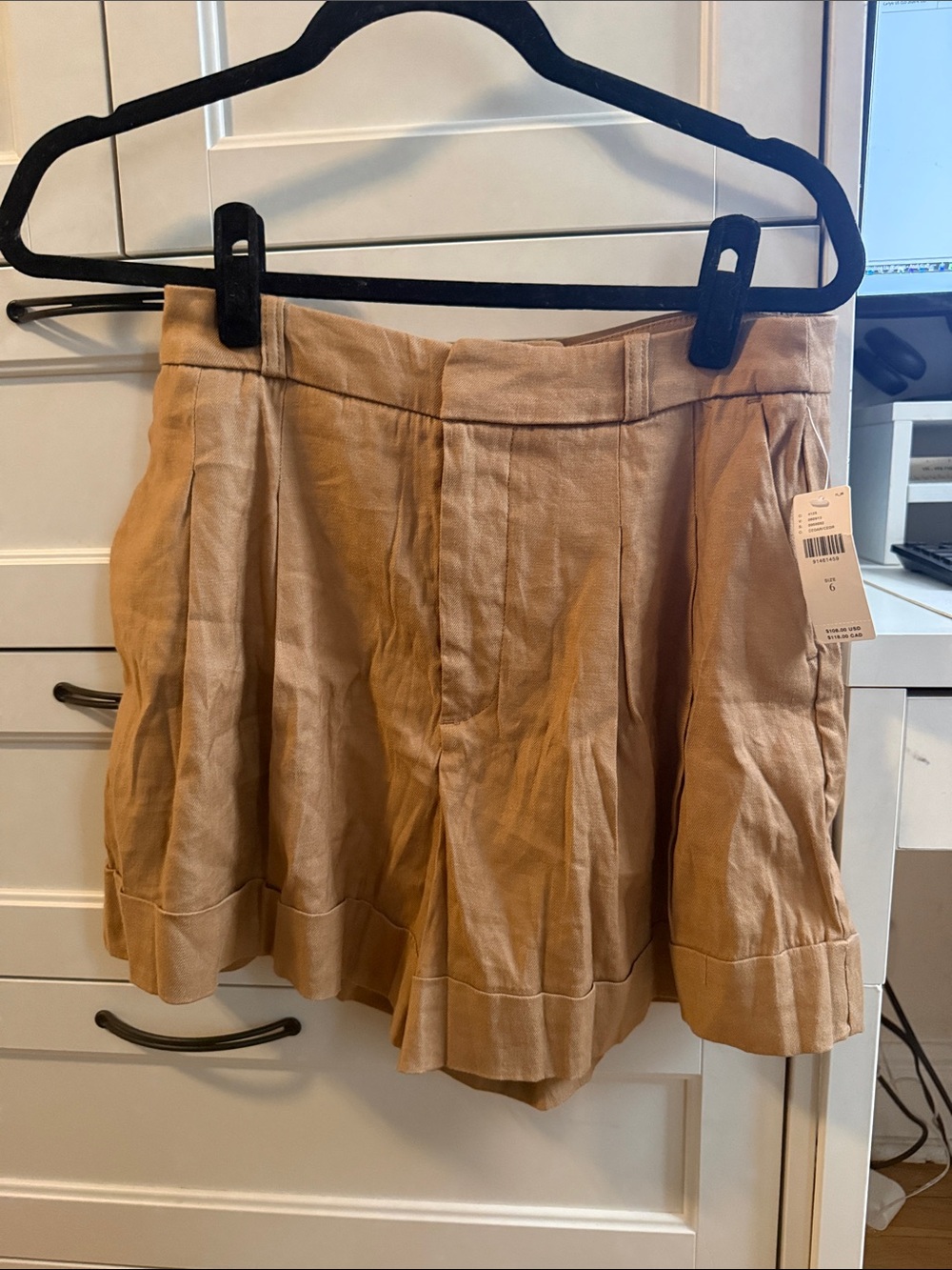 Anthropologie Tan Pleated Linen-Blend High-Rise Shorts